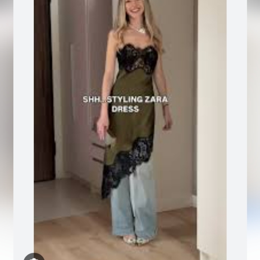Zara Zw Collection Asymmetric Trendy Green and Black Lace Dress - Picture 9 of 16